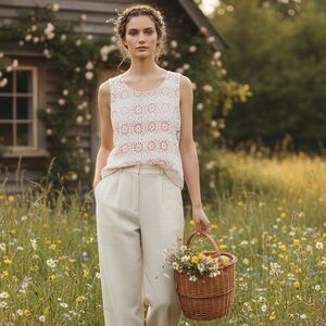 LOFT Cottagecore Daisy Guipure Lace Tank • Soft Blush & White Floral Shell • S